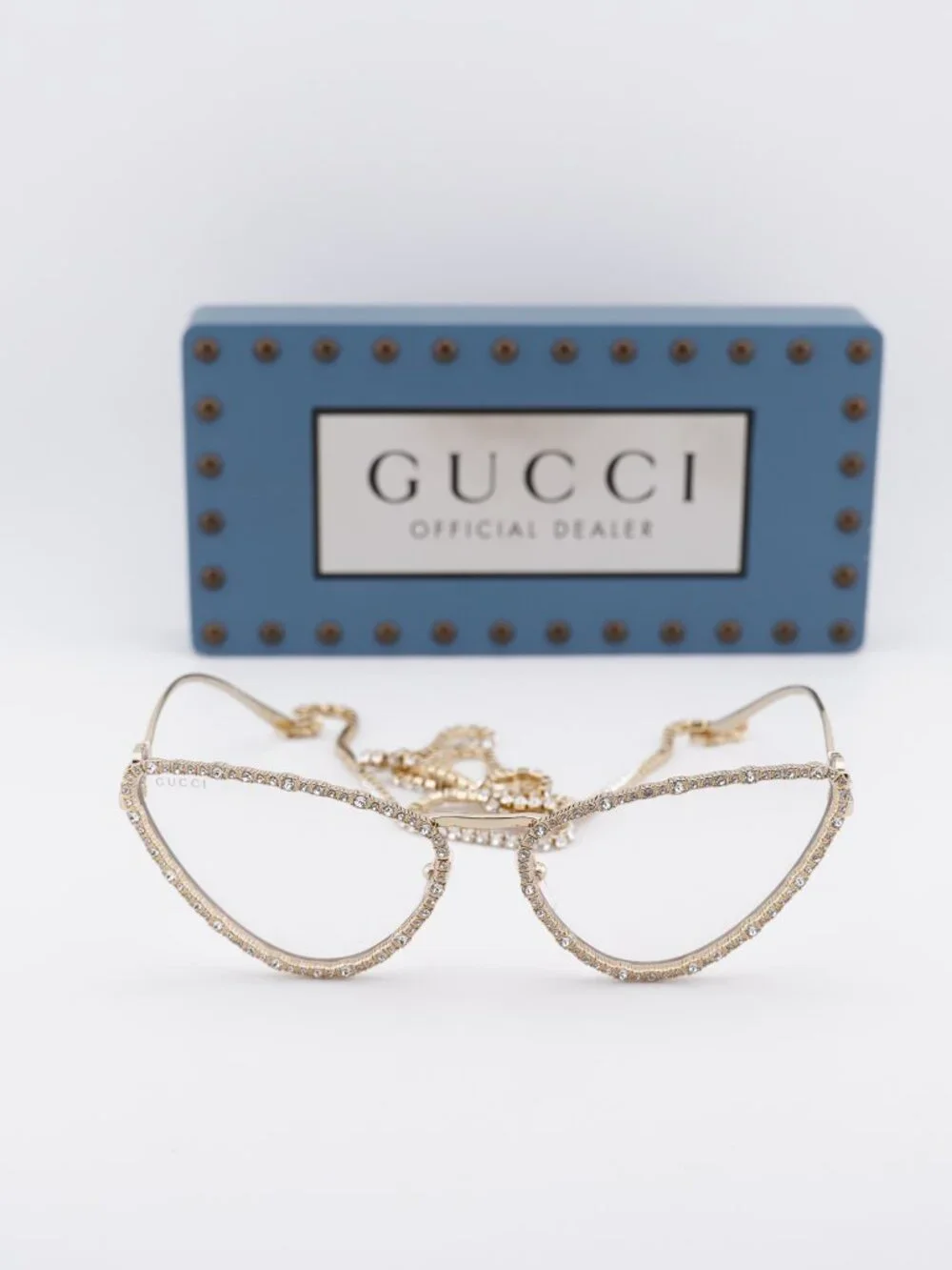 Gucci GG1569S 002 Cat Eye Sunglasses - Gold with White Stone / Brown
